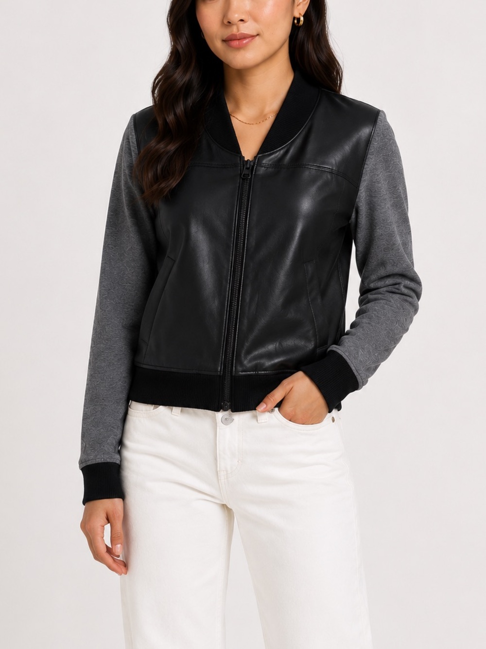 AG jeans black leather knit bomber jacket